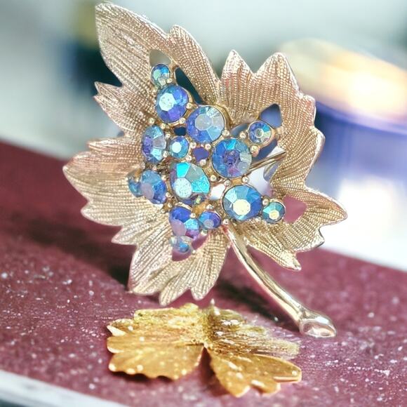 Golden Leaf Brooch With Blue Rhinestones for Women, Gold Jewelry Pin - Picture 3 of 10